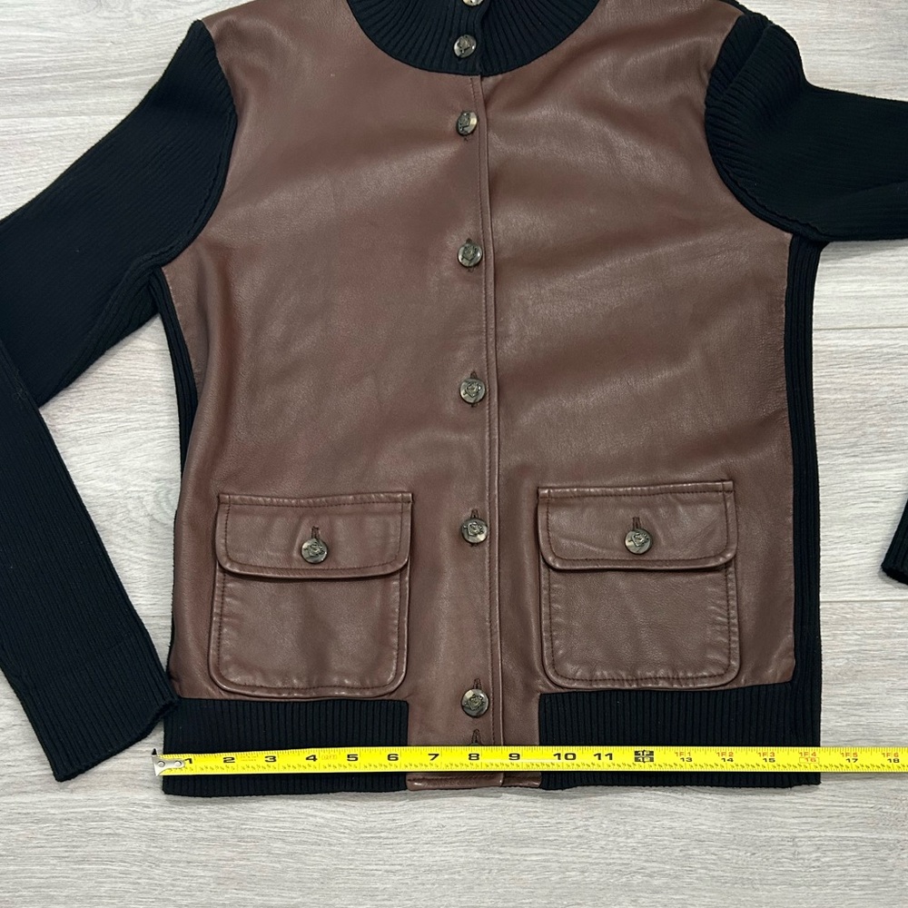 Lauren Ralph Lauren Brown Faux Leather Dark Navy (Black) Knit Cardigan - Picture 7 of 12